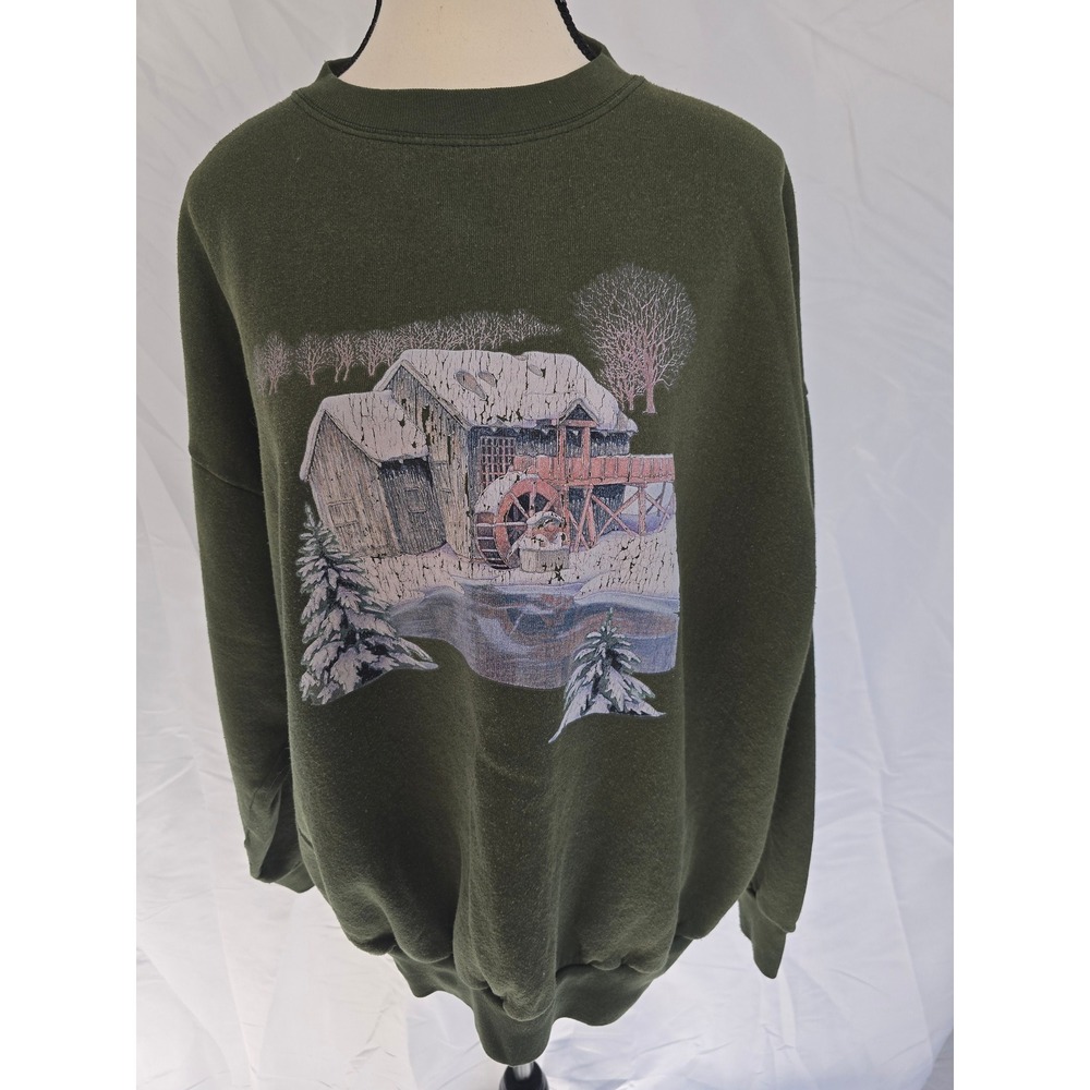 Vintage‎ Tultex Maximum Sweats Winter Mill Graphic Sweatshirt Olive Green XXL